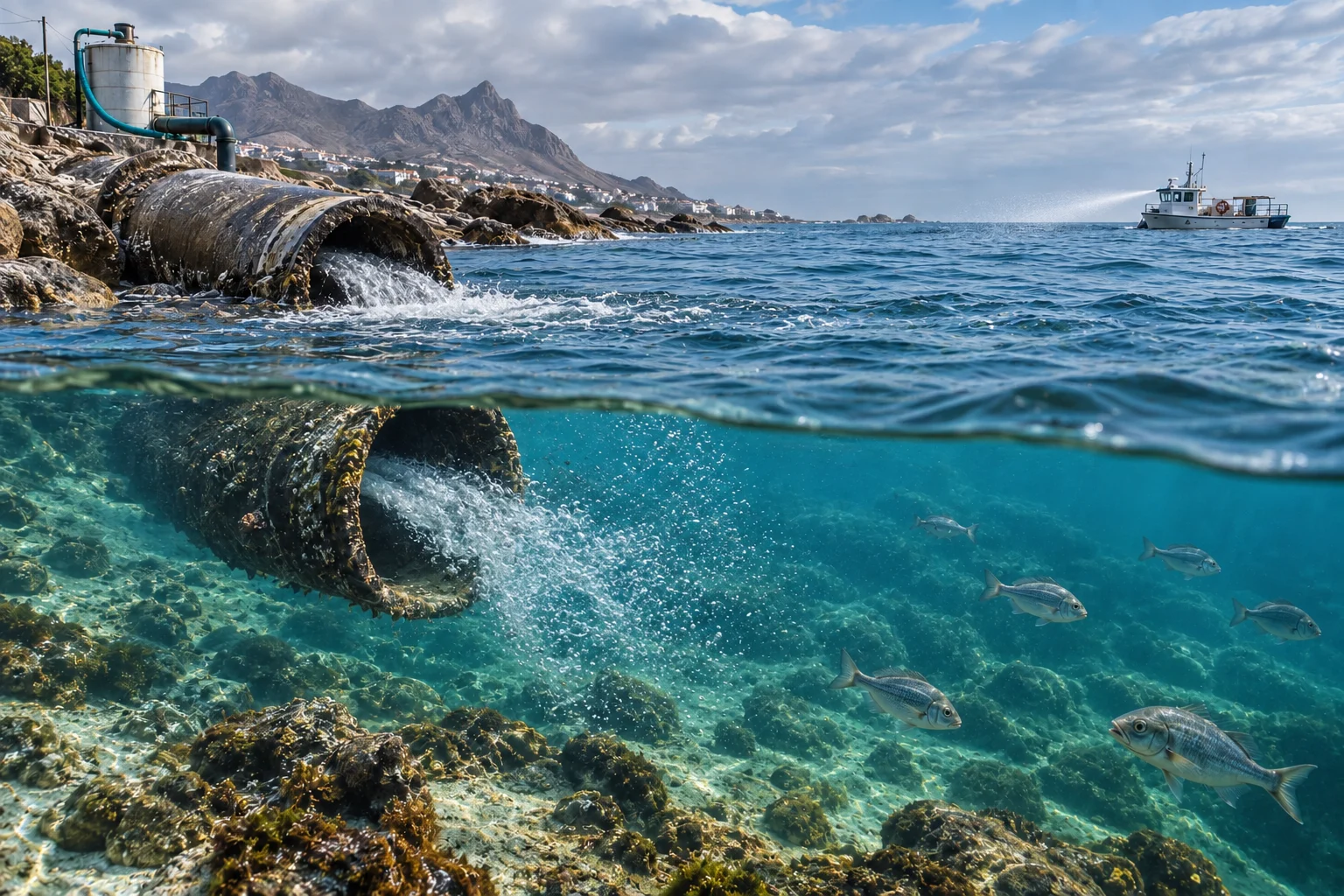 Illustrative treated outfall: clearer water, healthy fish underwater, an upstream dosing connection and a Hydrobiotics spray boat.