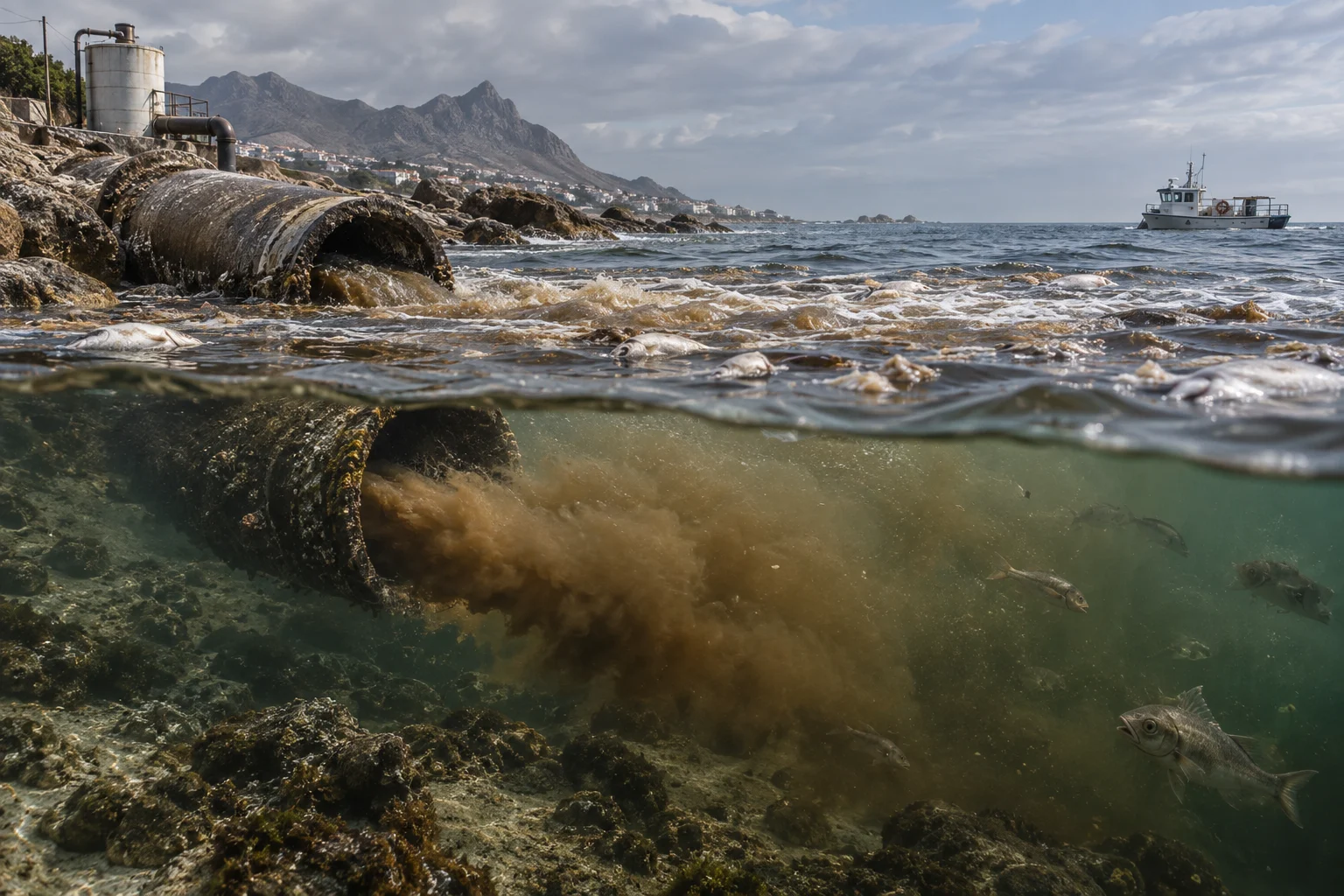 Illustrative untreated outfall: brown sewage plume, floating sewage scum and dead fish at the surface.